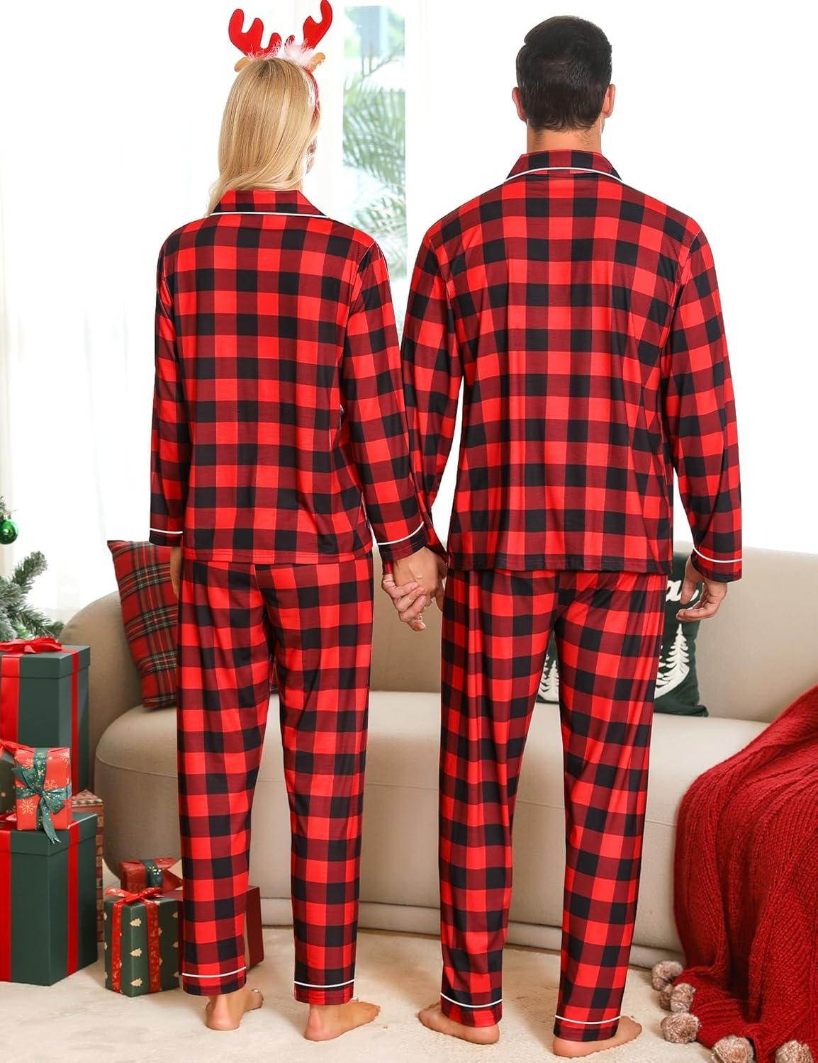 imageSWOMOG Matching Family Christmas Pajamas Set Long Sleeve Festival Party Pj Set ButtonDown SleepwearRed With Black Plaid