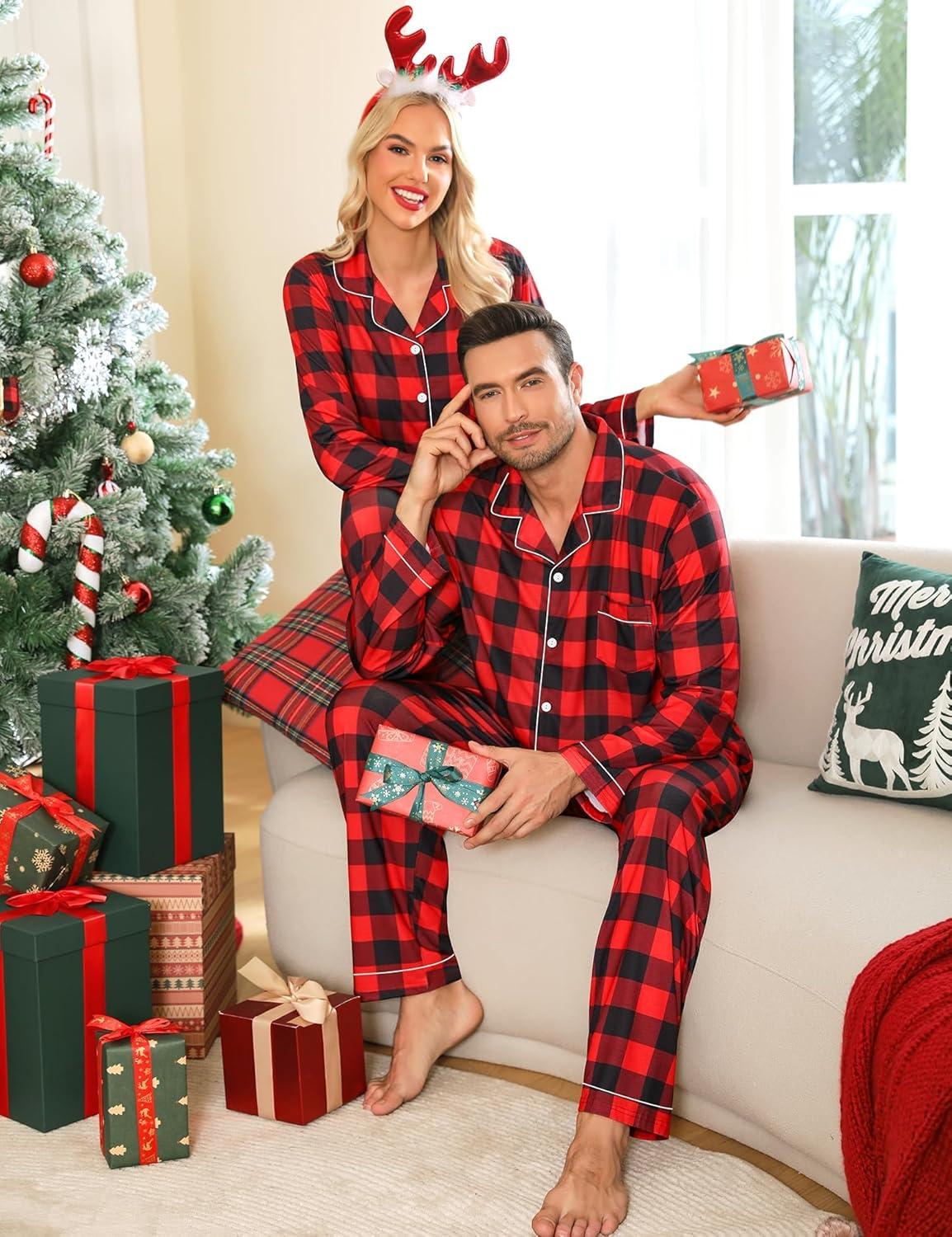 imageSWOMOG Matching Family Christmas Pajamas Set Long Sleeve Festival Party Pj Set ButtonDown SleepwearRed With Black Plaid