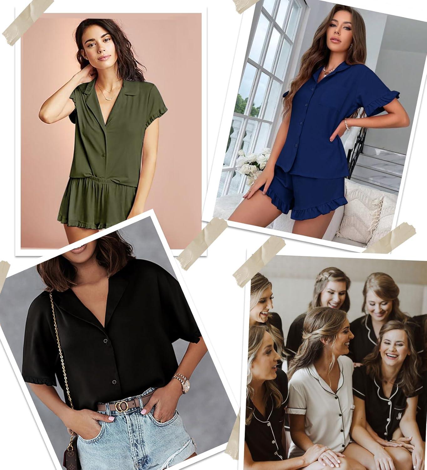 imageSWOMOG Woman Pajama Set Short Sleeve Pjs Set 2Pcs Short Pajamas Button Down Ruffle Hem Sleepwear Soft Modal LoungewearArmy Green