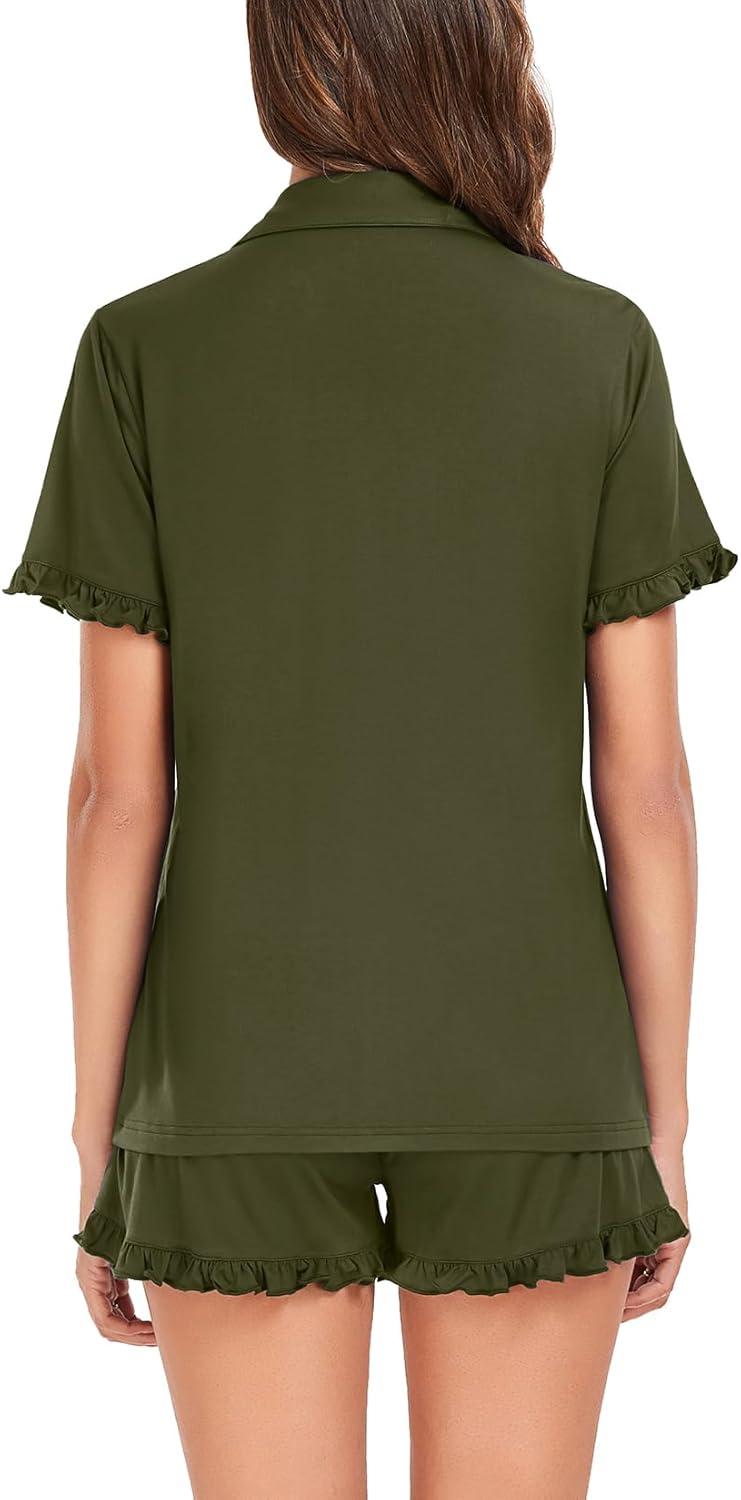imageSWOMOG Woman Pajama Set Short Sleeve Pjs Set 2Pcs Short Pajamas Button Down Ruffle Hem Sleepwear Soft Modal LoungewearArmy Green