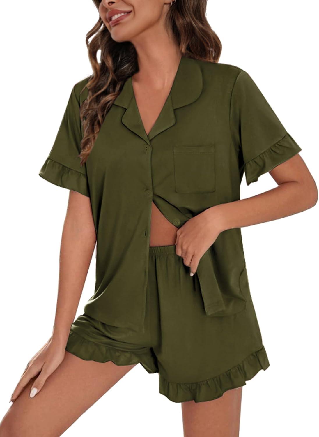imageSWOMOG Woman Pajama Set Short Sleeve Pjs Set 2Pcs Short Pajamas Button Down Ruffle Hem Sleepwear Soft Modal LoungewearArmy Green