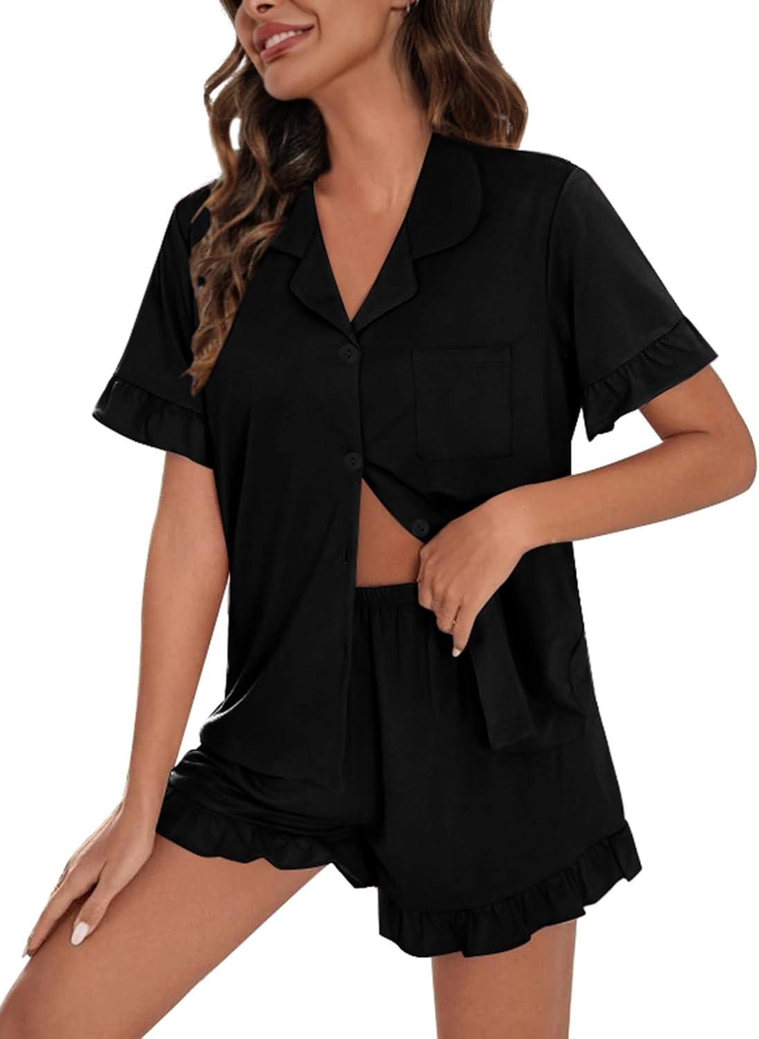 imageSWOMOG Woman Pajama Set Short Sleeve Pjs Set 2Pcs Short Pajamas Button Down Ruffle Hem Sleepwear Soft Modal LoungewearBlack