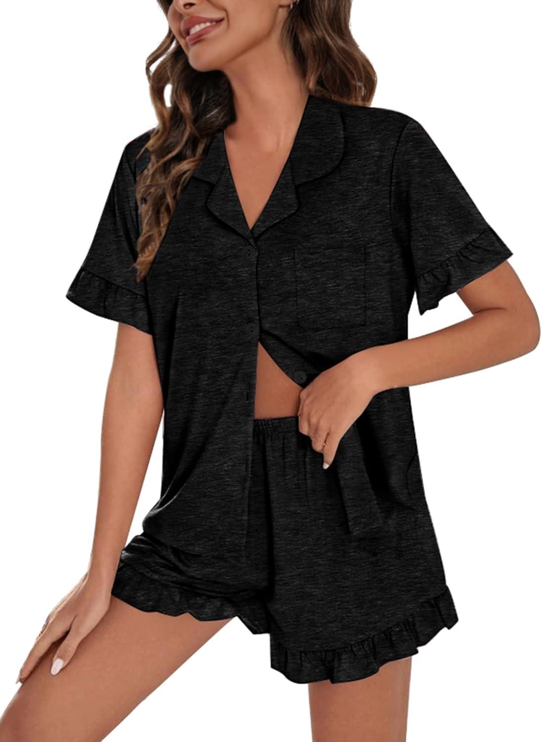 imageSWOMOG Woman Pajama Set Short Sleeve Pjs Set 2Pcs Short Pajamas Button Down Ruffle Hem Sleepwear Soft Modal LoungewearBlack Grey