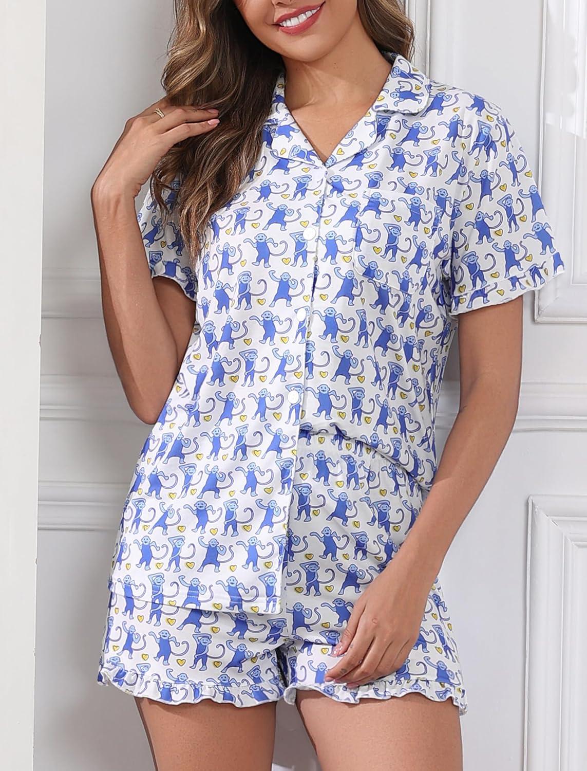 imageSWOMOG Woman Pajama Set Short Sleeve Pjs Set 2Pcs Short Pajamas Button Down Ruffle Hem Sleepwear Soft Modal LoungewearBlue Monkey