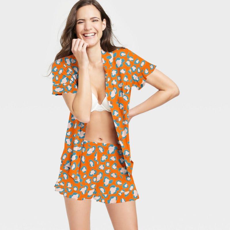 imageSWOMOG Woman Pajama Set Short Sleeve Pjs Set 2Pcs Short Pajamas Button Down Ruffle Hem Sleepwear Soft Modal LoungewearOrange Leopard