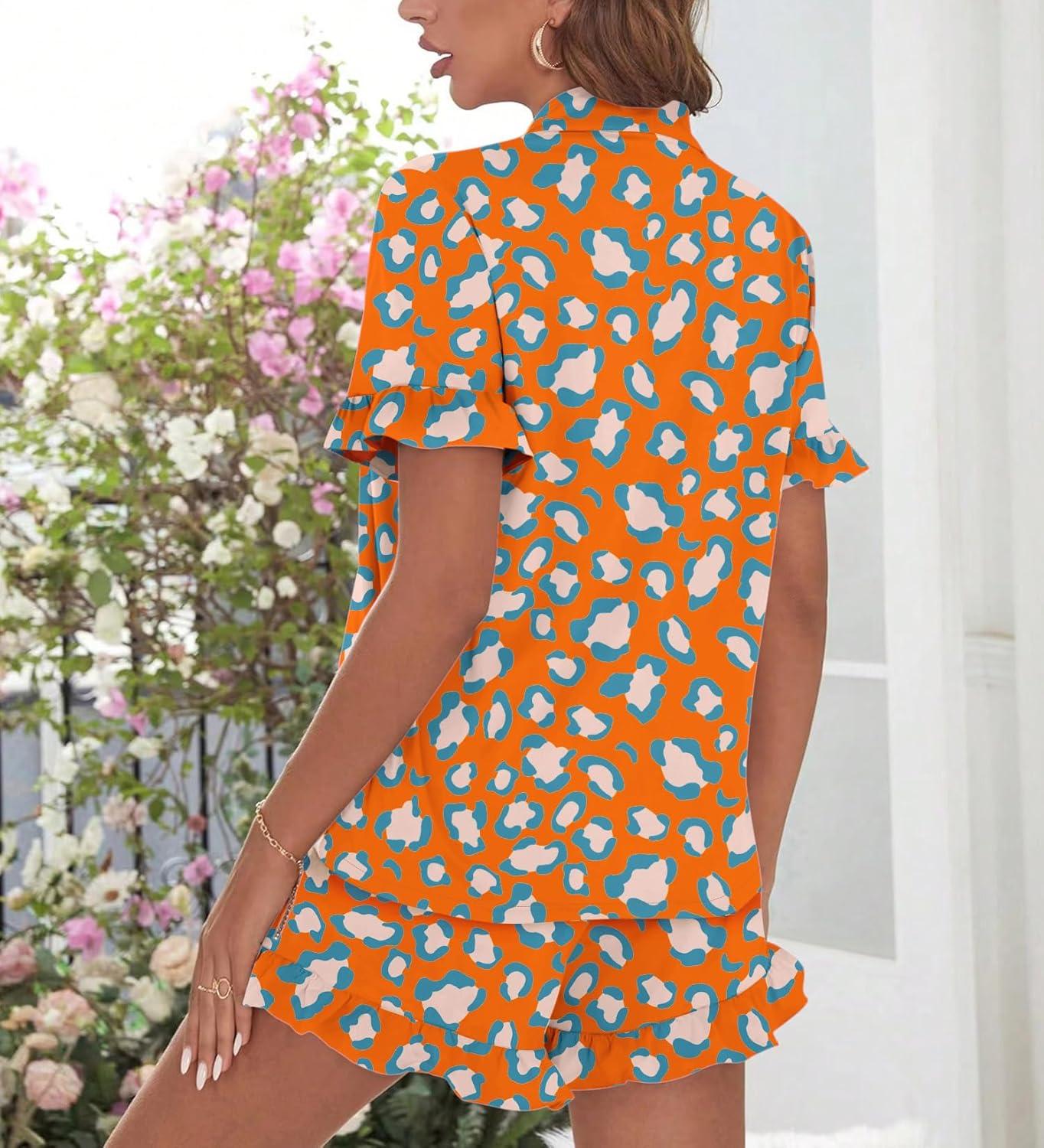 imageSWOMOG Woman Pajama Set Short Sleeve Pjs Set 2Pcs Short Pajamas Button Down Ruffle Hem Sleepwear Soft Modal LoungewearOrange Leopard