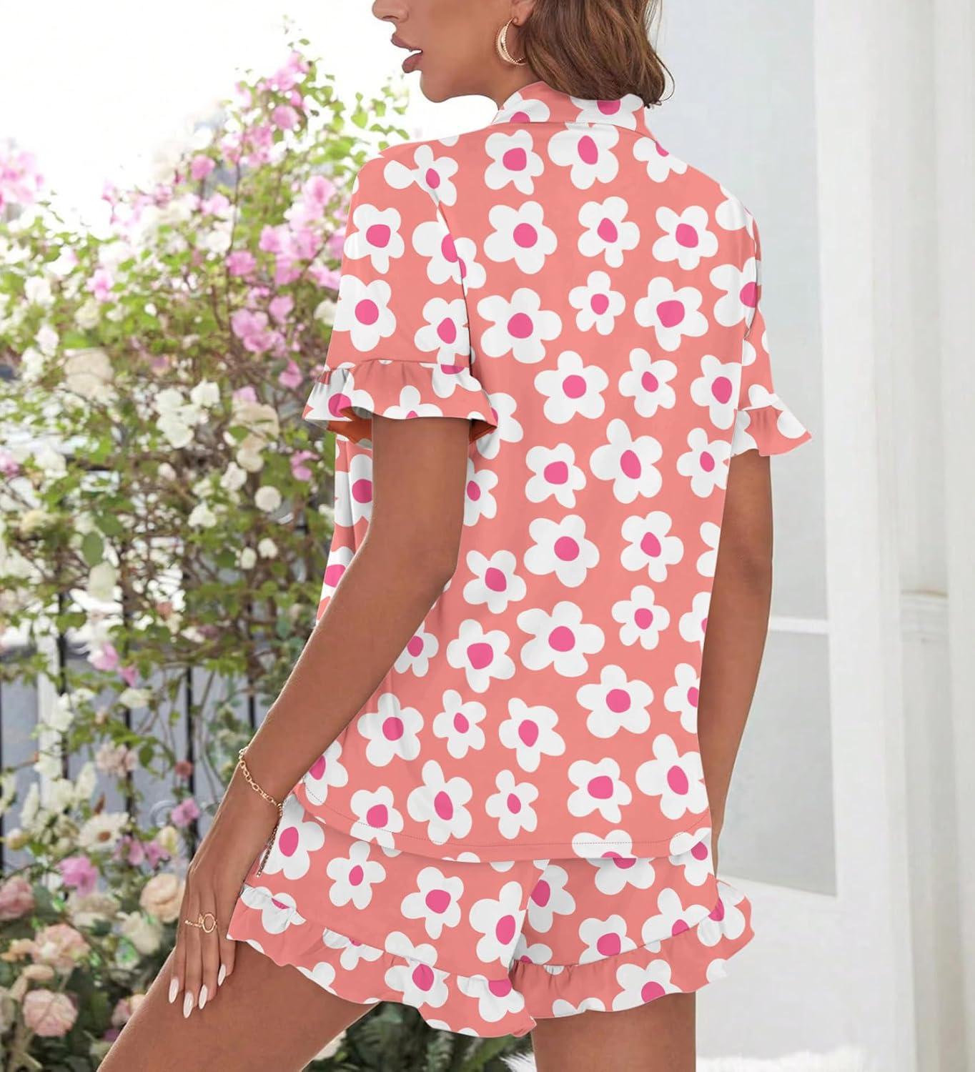 imageSWOMOG Woman Pajama Set Short Sleeve Pjs Set 2Pcs Short Pajamas Button Down Ruffle Hem Sleepwear Soft Modal LoungewearPeach Flower
