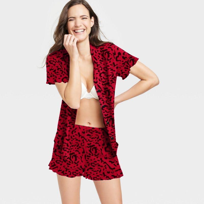 imageSWOMOG Woman Pajama Set Short Sleeve Pjs Set 2Pcs Short Pajamas Button Down Ruffle Hem Sleepwear Soft Modal LoungewearRed Leopard
