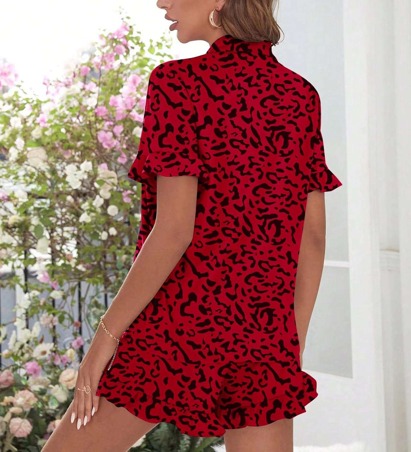 imageSWOMOG Woman Pajama Set Short Sleeve Pjs Set 2Pcs Short Pajamas Button Down Ruffle Hem Sleepwear Soft Modal LoungewearRed Leopard