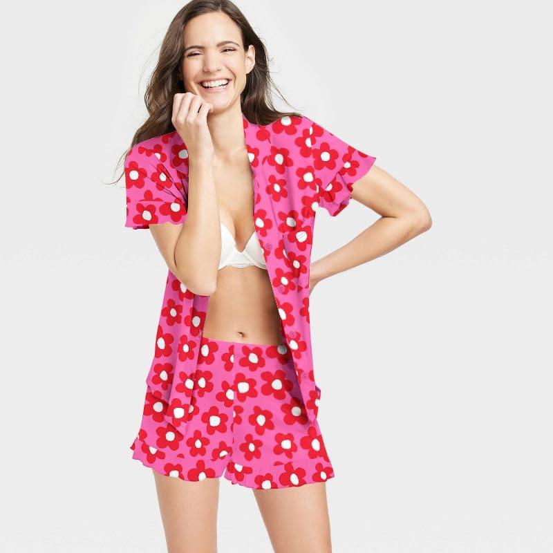 imageSWOMOG Woman Pajama Set Short Sleeve Pjs Set 2Pcs Short Pajamas Button Down Ruffle Hem Sleepwear Soft Modal LoungewearRose Flower
