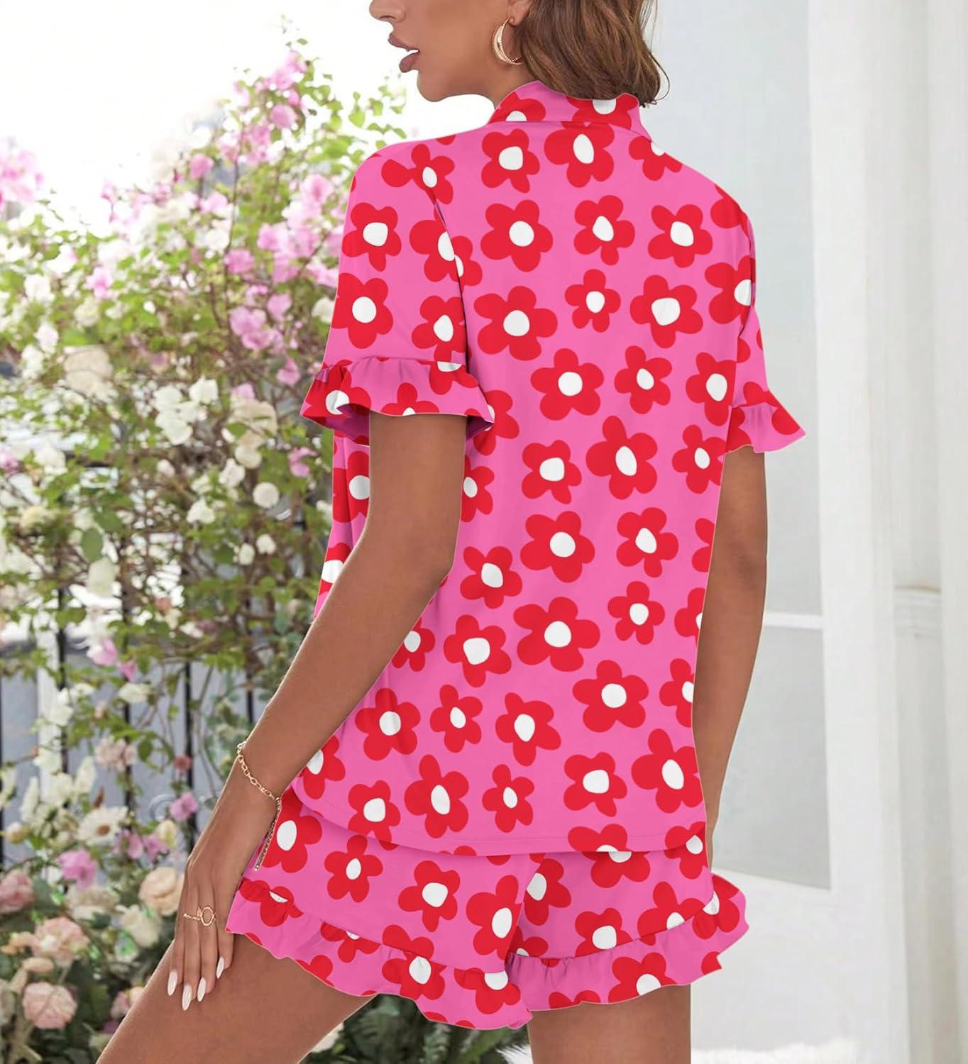 imageSWOMOG Woman Pajama Set Short Sleeve Pjs Set 2Pcs Short Pajamas Button Down Ruffle Hem Sleepwear Soft Modal LoungewearRose Flower