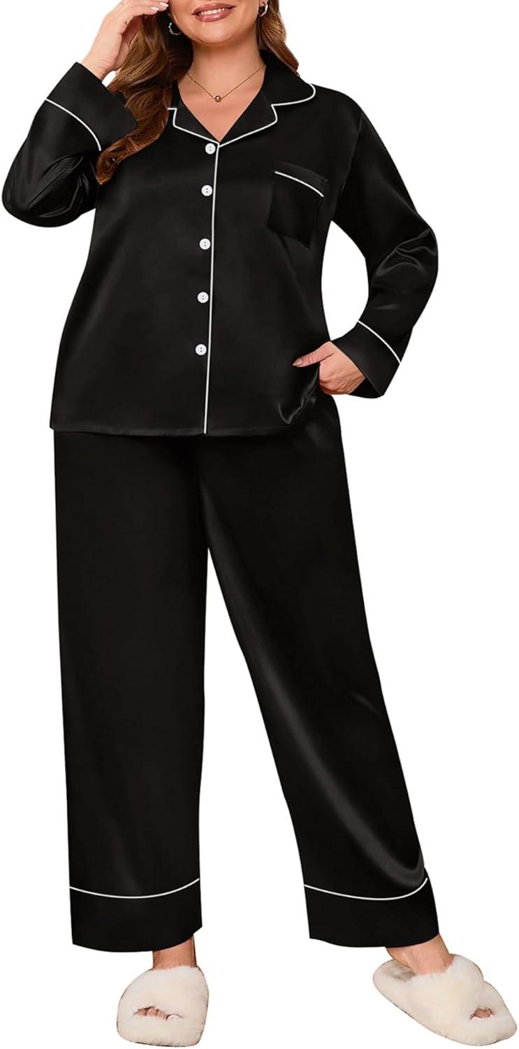 imageSWOMOG Womens Plus Size Pajamas Set Silk Satin Button Down Sleepwear Long Sleeve Pjs Set 2 Piece Loungewear with PocketsBlack