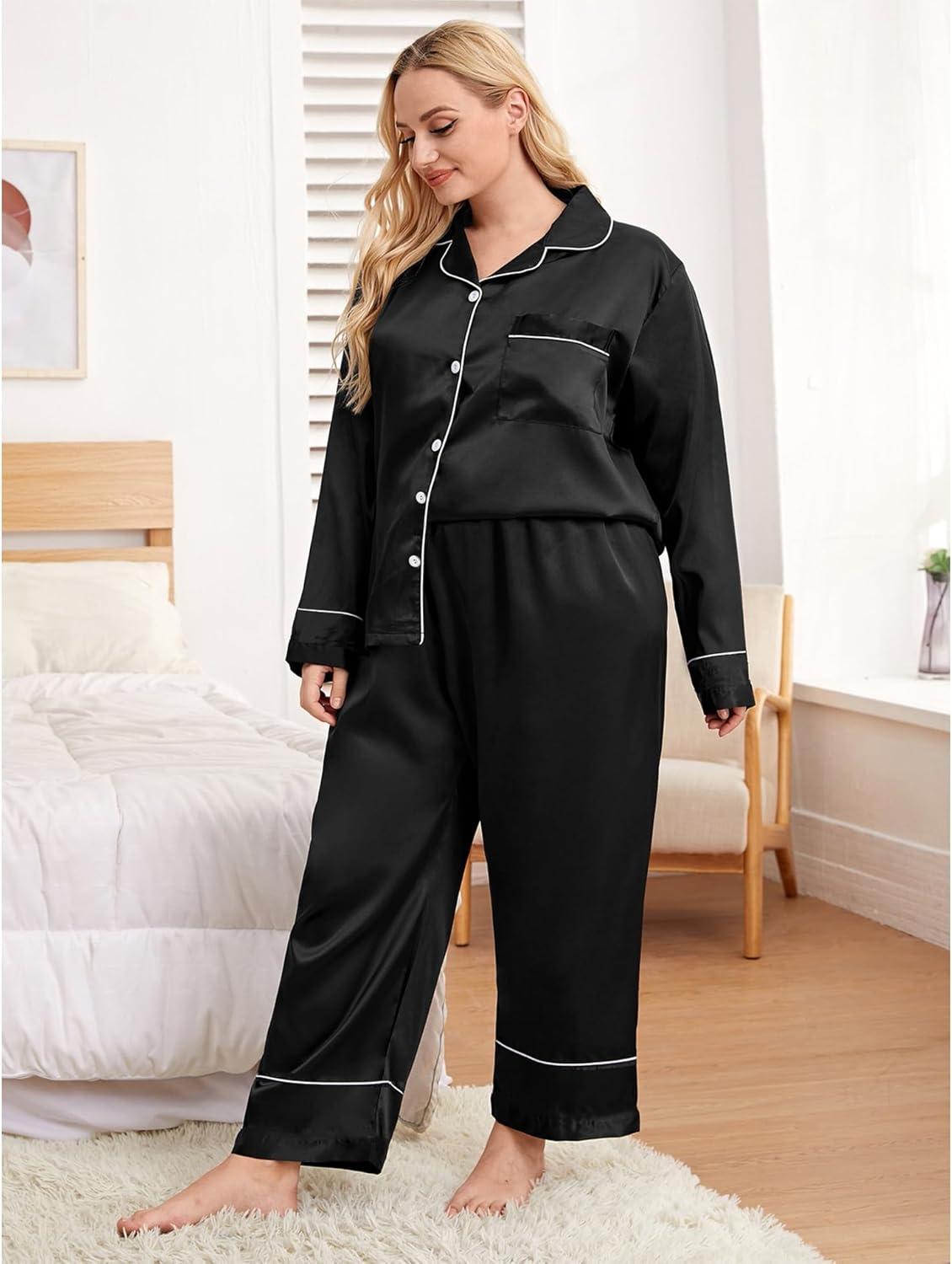 imageSWOMOG Womens Plus Size Pajamas Set Silk Satin Button Down Sleepwear Long Sleeve Pjs Set 2 Piece Loungewear with PocketsBlack