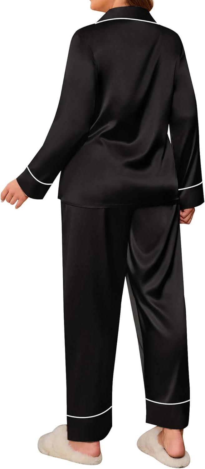 imageSWOMOG Womens Plus Size Pajamas Set Silk Satin Button Down Sleepwear Long Sleeve Pjs Set 2 Piece Loungewear with PocketsBlack