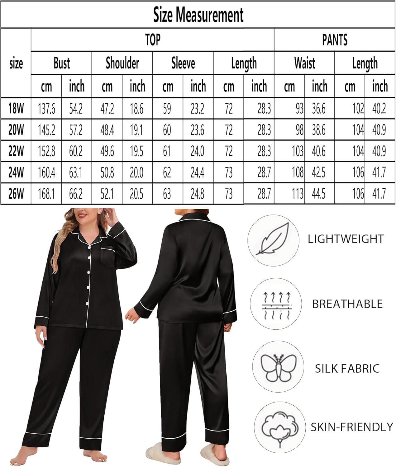 imageSWOMOG Womens Plus Size Pajamas Set Silk Satin Button Down Sleepwear Long Sleeve Pjs Set 2 Piece Loungewear with PocketsBlack