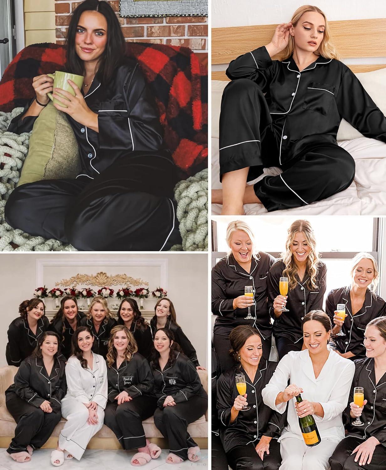 imageSWOMOG Womens Plus Size Pajamas Set Silk Satin Button Down Sleepwear Long Sleeve Pjs Set 2 Piece Loungewear with PocketsBlack