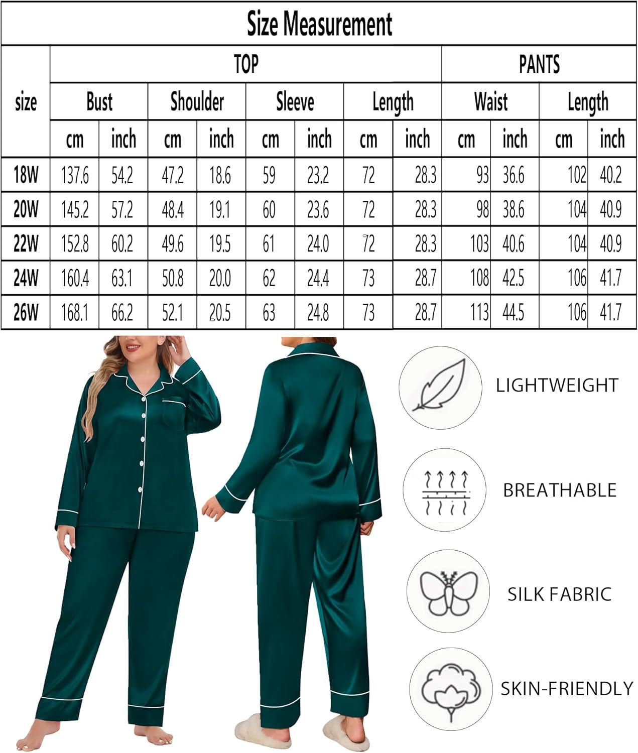 imageSWOMOG Womens Plus Size Pajamas Set Silk Satin Button Down Sleepwear Long Sleeve Pjs Set 2 Piece Loungewear with PocketsDark Green
