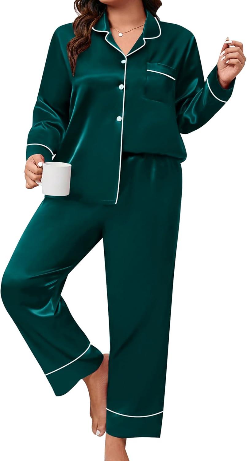 imageSWOMOG Womens Plus Size Pajamas Set Silk Satin Button Down Sleepwear Long Sleeve Pjs Set 2 Piece Loungewear with PocketsDark Green