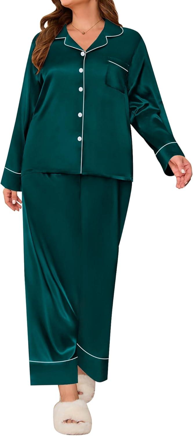 imageSWOMOG Womens Plus Size Pajamas Set Silk Satin Button Down Sleepwear Long Sleeve Pjs Set 2 Piece Loungewear with PocketsDark Green