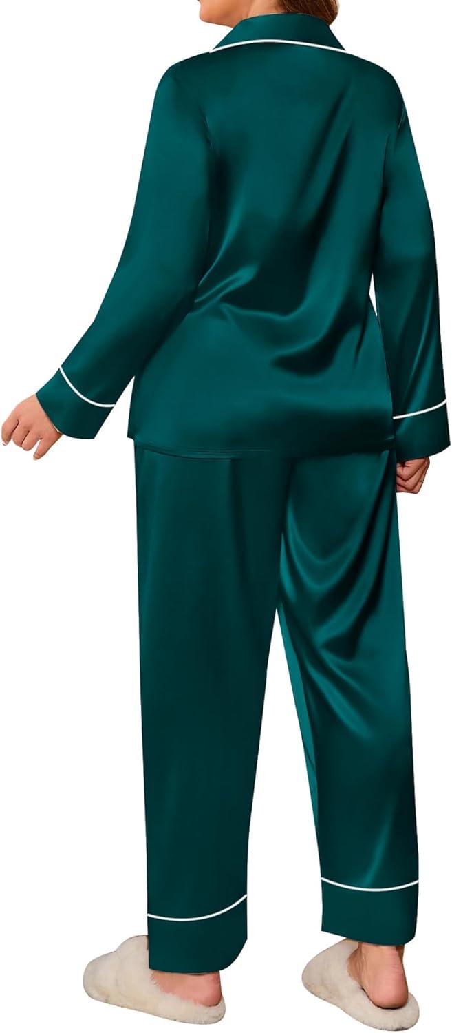 imageSWOMOG Womens Plus Size Pajamas Set Silk Satin Button Down Sleepwear Long Sleeve Pjs Set 2 Piece Loungewear with PocketsDark Green
