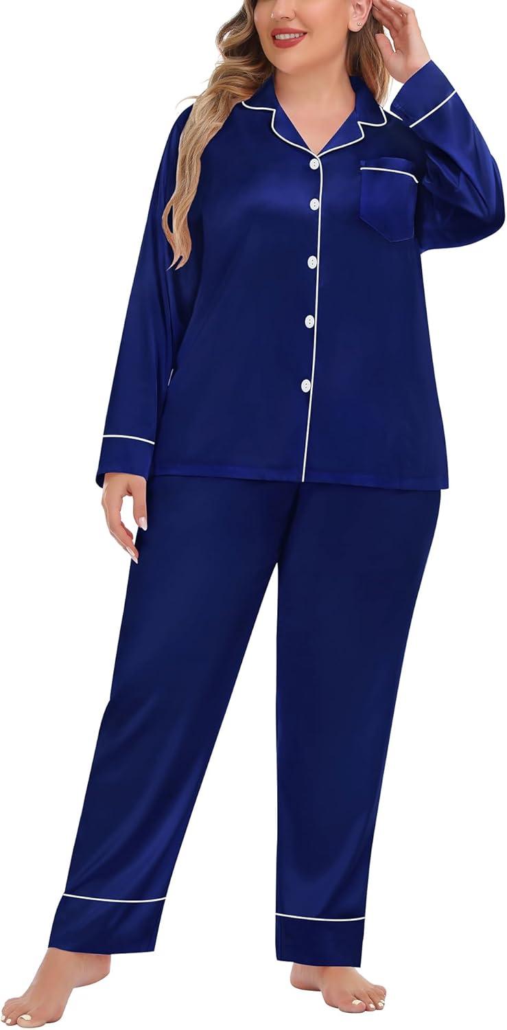 imageSWOMOG Womens Plus Size Pajamas Set Silk Satin Button Down Sleepwear Long Sleeve Pjs Set 2 Piece Loungewear with PocketsNavy Blue
