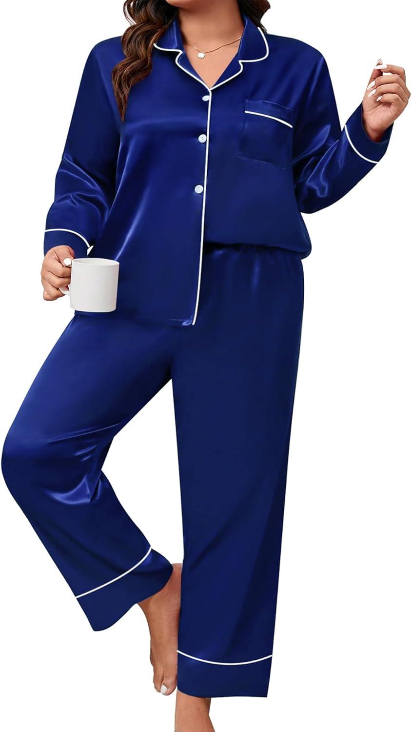 imageSWOMOG Womens Plus Size Pajamas Set Silk Satin Button Down Sleepwear Long Sleeve Pjs Set 2 Piece Loungewear with PocketsNavy Blue