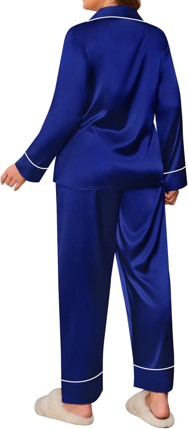 imageSWOMOG Womens Plus Size Pajamas Set Silk Satin Button Down Sleepwear Long Sleeve Pjs Set 2 Piece Loungewear with PocketsNavy Blue