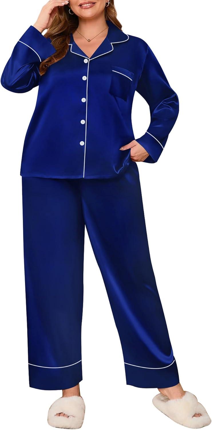 imageSWOMOG Womens Plus Size Pajamas Set Silk Satin Button Down Sleepwear Long Sleeve Pjs Set 2 Piece Loungewear with PocketsNavy Blue
