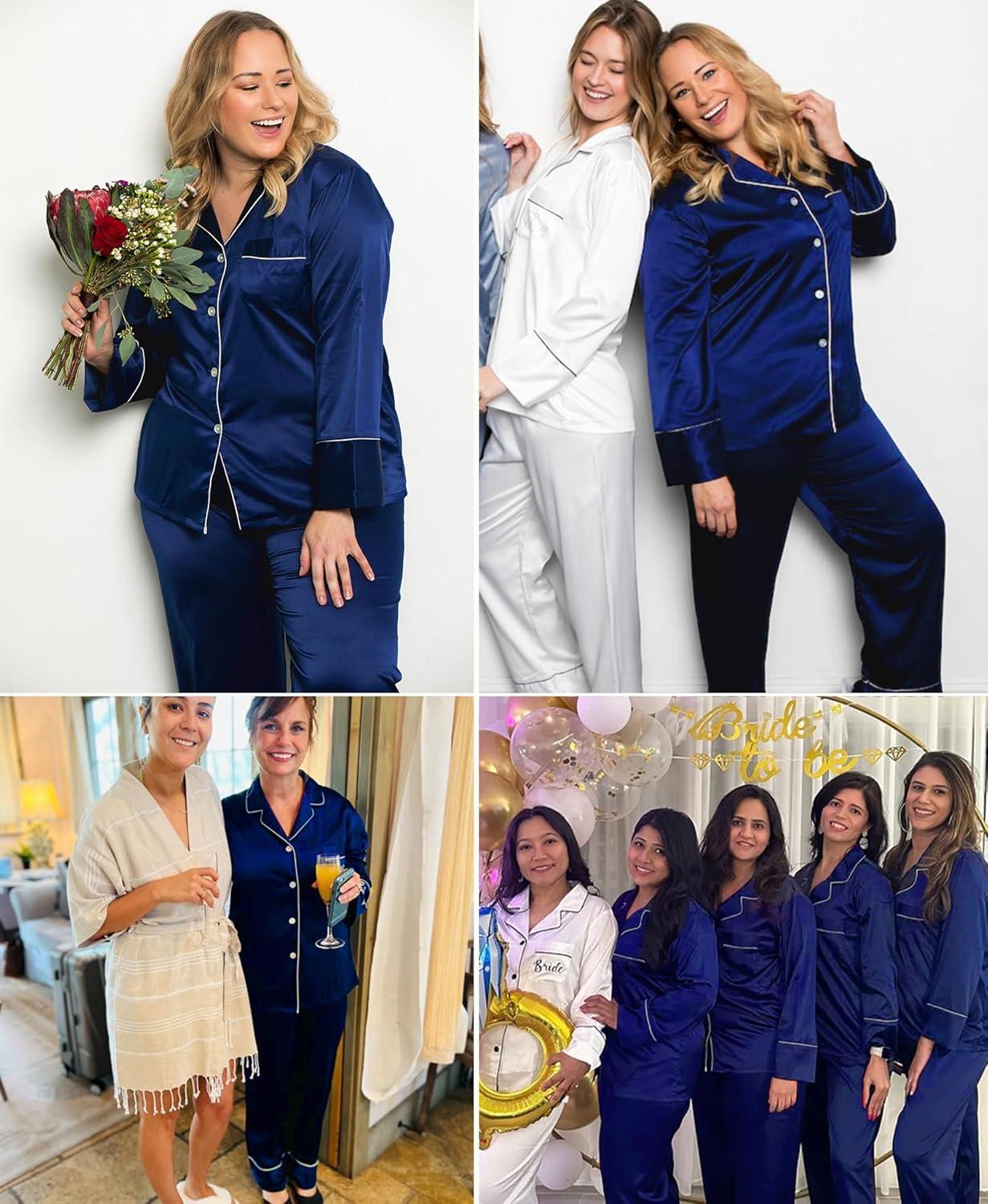 imageSWOMOG Womens Plus Size Pajamas Set Silk Satin Button Down Sleepwear Long Sleeve Pjs Set 2 Piece Loungewear with PocketsNavy Blue