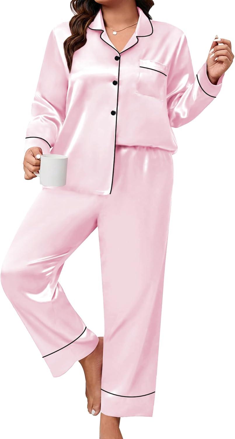 imageSWOMOG Womens Plus Size Pajamas Set Silk Satin Button Down Sleepwear Long Sleeve Pjs Set 2 Piece Loungewear with PocketsPink