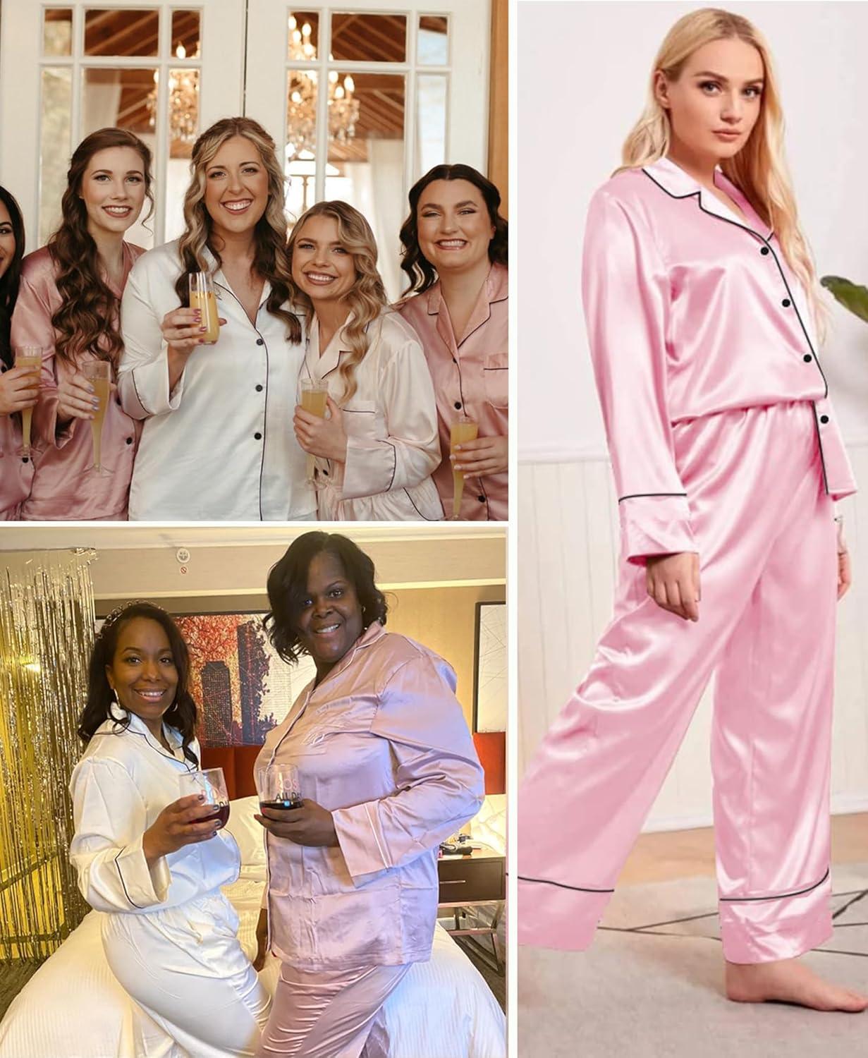 imageSWOMOG Womens Plus Size Pajamas Set Silk Satin Button Down Sleepwear Long Sleeve Pjs Set 2 Piece Loungewear with PocketsPink