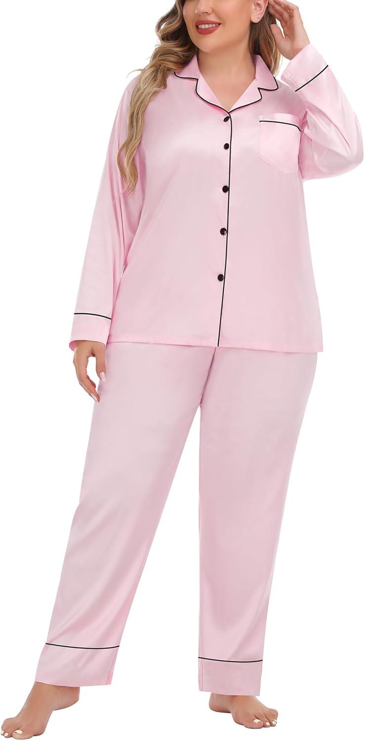imageSWOMOG Womens Plus Size Pajamas Set Silk Satin Button Down Sleepwear Long Sleeve Pjs Set 2 Piece Loungewear with PocketsPink