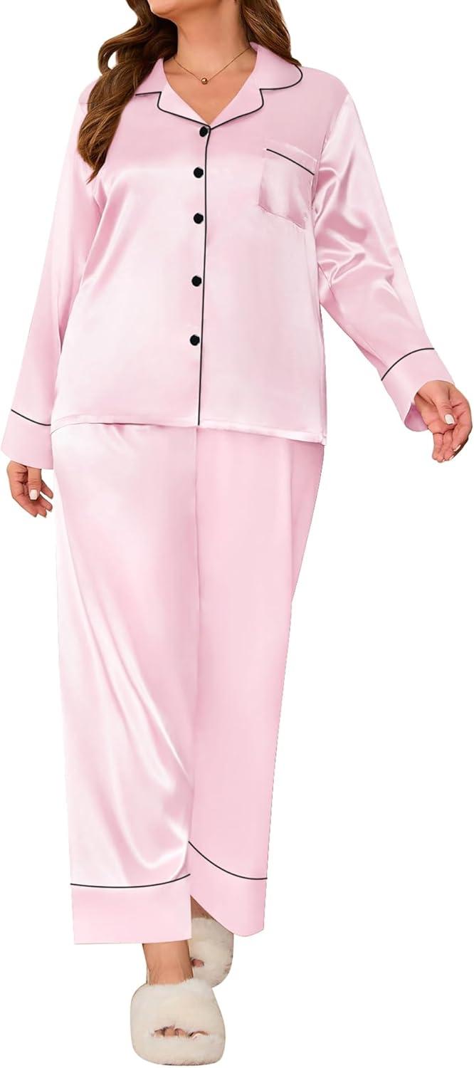 imageSWOMOG Womens Plus Size Pajamas Set Silk Satin Button Down Sleepwear Long Sleeve Pjs Set 2 Piece Loungewear with PocketsPink