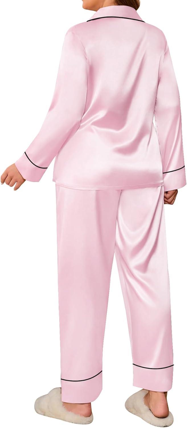 imageSWOMOG Womens Plus Size Pajamas Set Silk Satin Button Down Sleepwear Long Sleeve Pjs Set 2 Piece Loungewear with PocketsPink