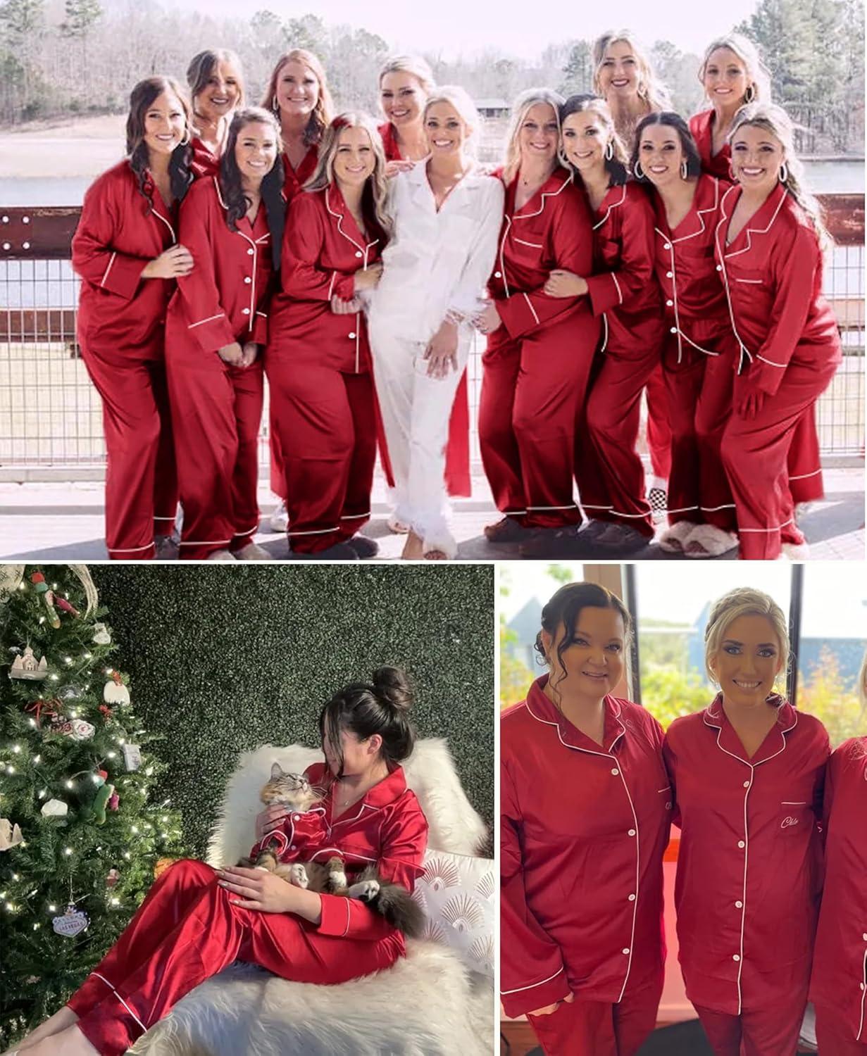 imageSWOMOG Womens Plus Size Pajamas Set Silk Satin Button Down Sleepwear Long Sleeve Pjs Set 2 Piece Loungewear with PocketsRed