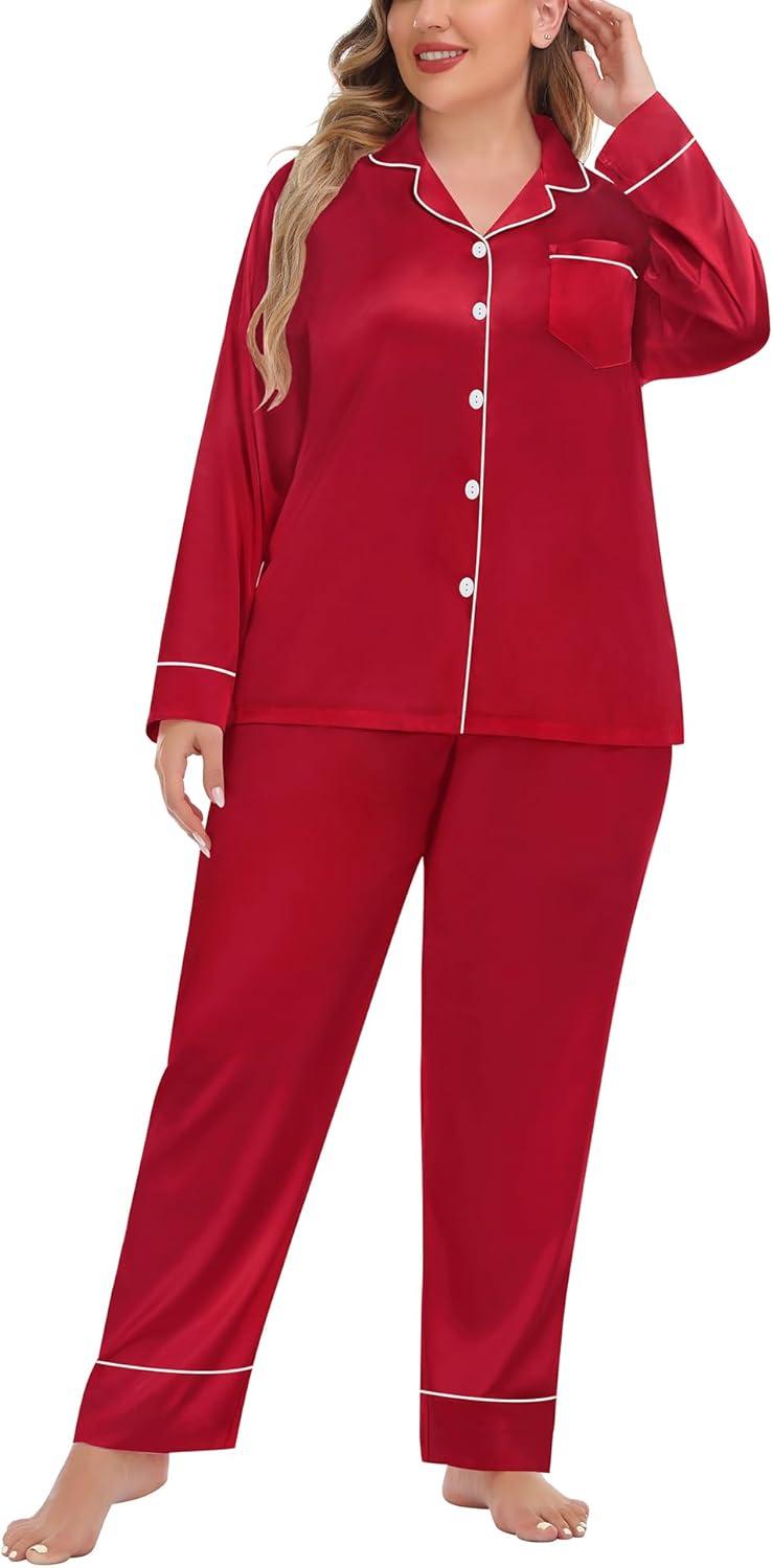 imageSWOMOG Womens Plus Size Pajamas Set Silk Satin Button Down Sleepwear Long Sleeve Pjs Set 2 Piece Loungewear with PocketsRed