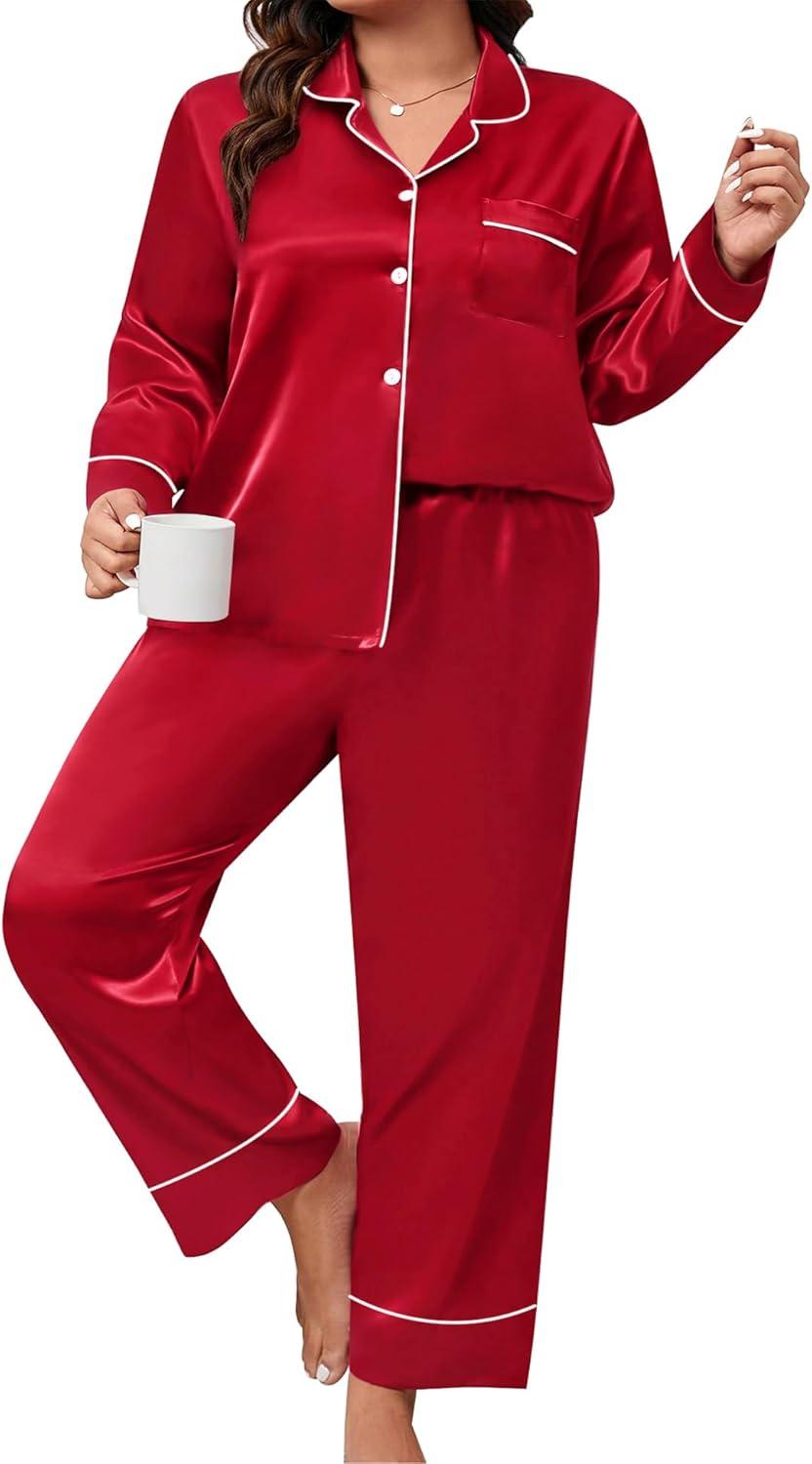 imageSWOMOG Womens Plus Size Pajamas Set Silk Satin Button Down Sleepwear Long Sleeve Pjs Set 2 Piece Loungewear with PocketsRed