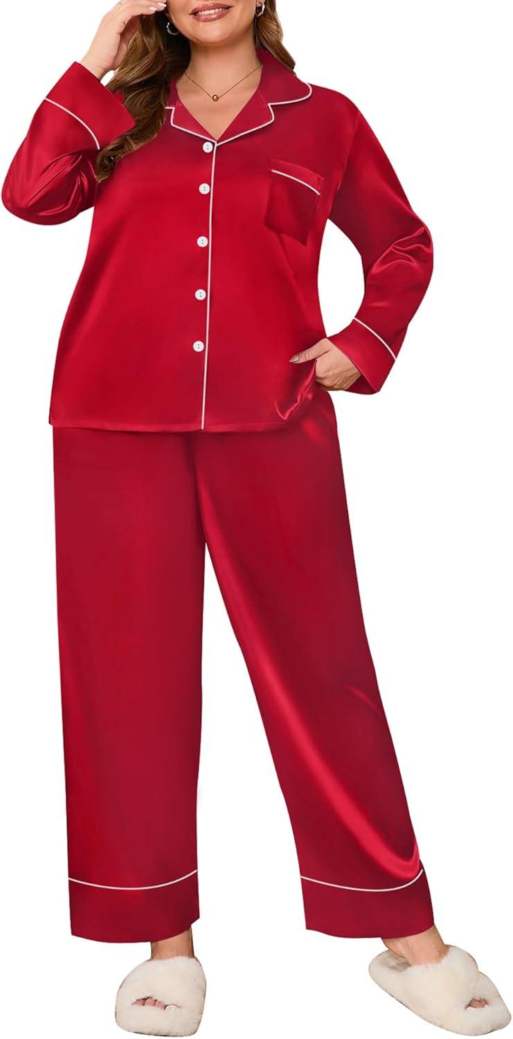 imageSWOMOG Womens Plus Size Pajamas Set Silk Satin Button Down Sleepwear Long Sleeve Pjs Set 2 Piece Loungewear with PocketsRed