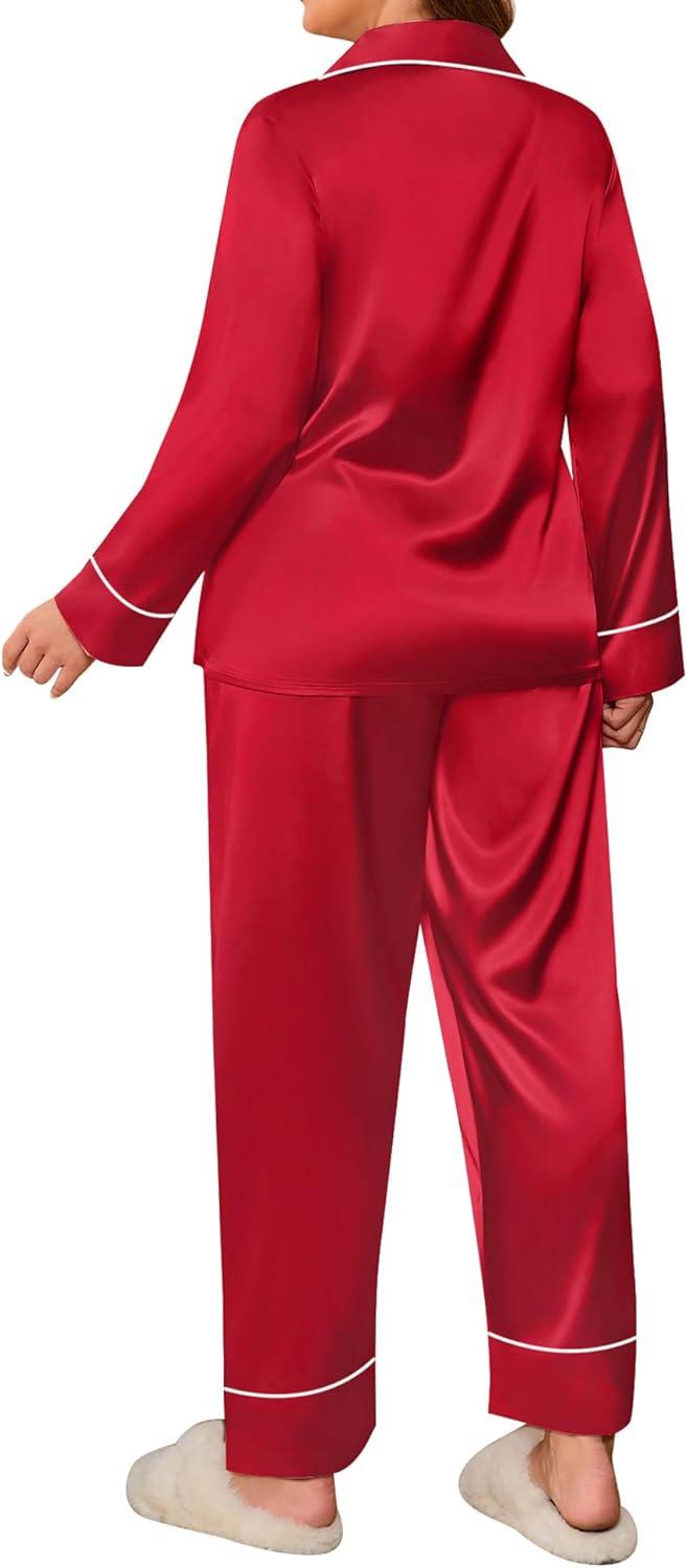 imageSWOMOG Womens Plus Size Pajamas Set Silk Satin Button Down Sleepwear Long Sleeve Pjs Set 2 Piece Loungewear with PocketsRed