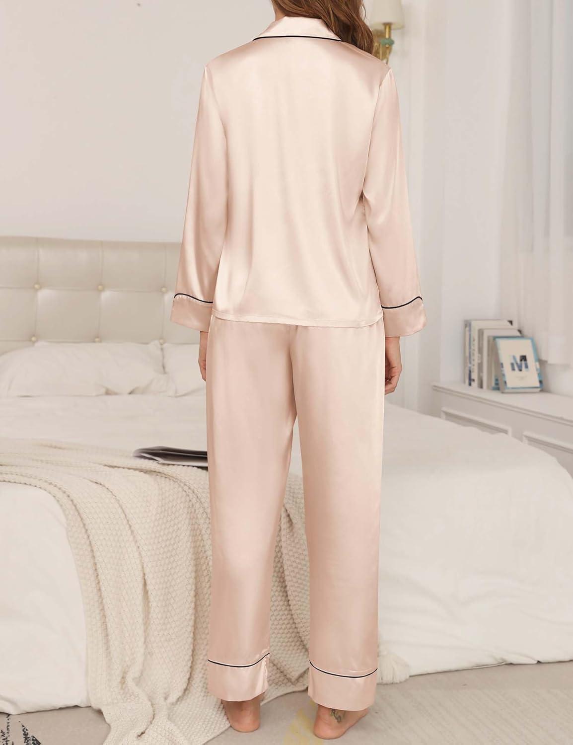 imageSWOMOG Womens Silk Satin Pajamas Loungewear Twopiece Sleepwear ButtonDown Pj SetChampagne