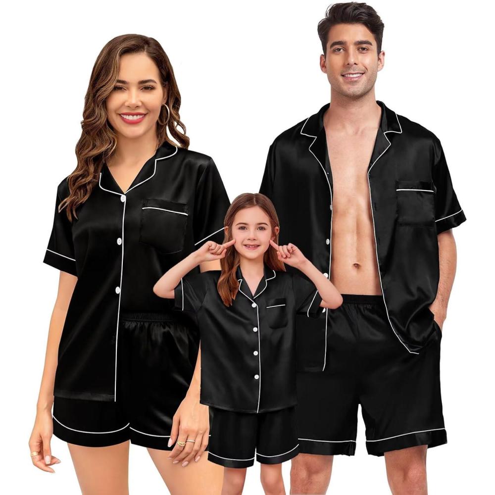 imageSWOMOG Couple Matching Pajamas Sets Women amp Men Button Down Silk Pjs Men Short Sleeve Soft Lounge Sets 2 Pcs LoungewearBlack
