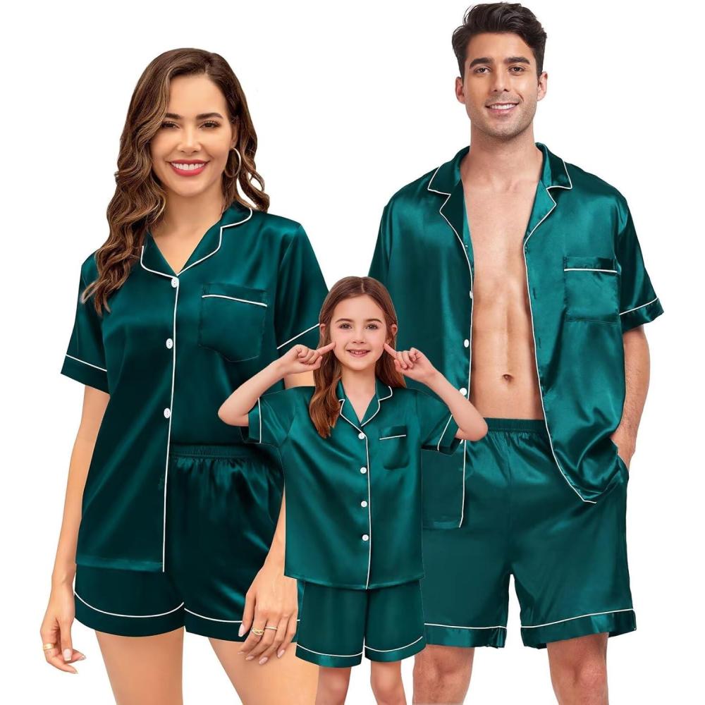 imageSWOMOG Couple Matching Pajamas Sets Women amp Men Button Down Silk Pjs Men Short Sleeve Soft Lounge Sets 2 Pcs LoungewearGreen