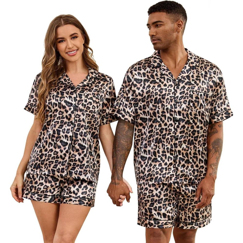 imageSWOMOG Couple Matching Pajamas Sets Women amp Men Button Down Silk Pjs Men Short Sleeve Soft Lounge Sets 2 Pcs LoungewearLeopard