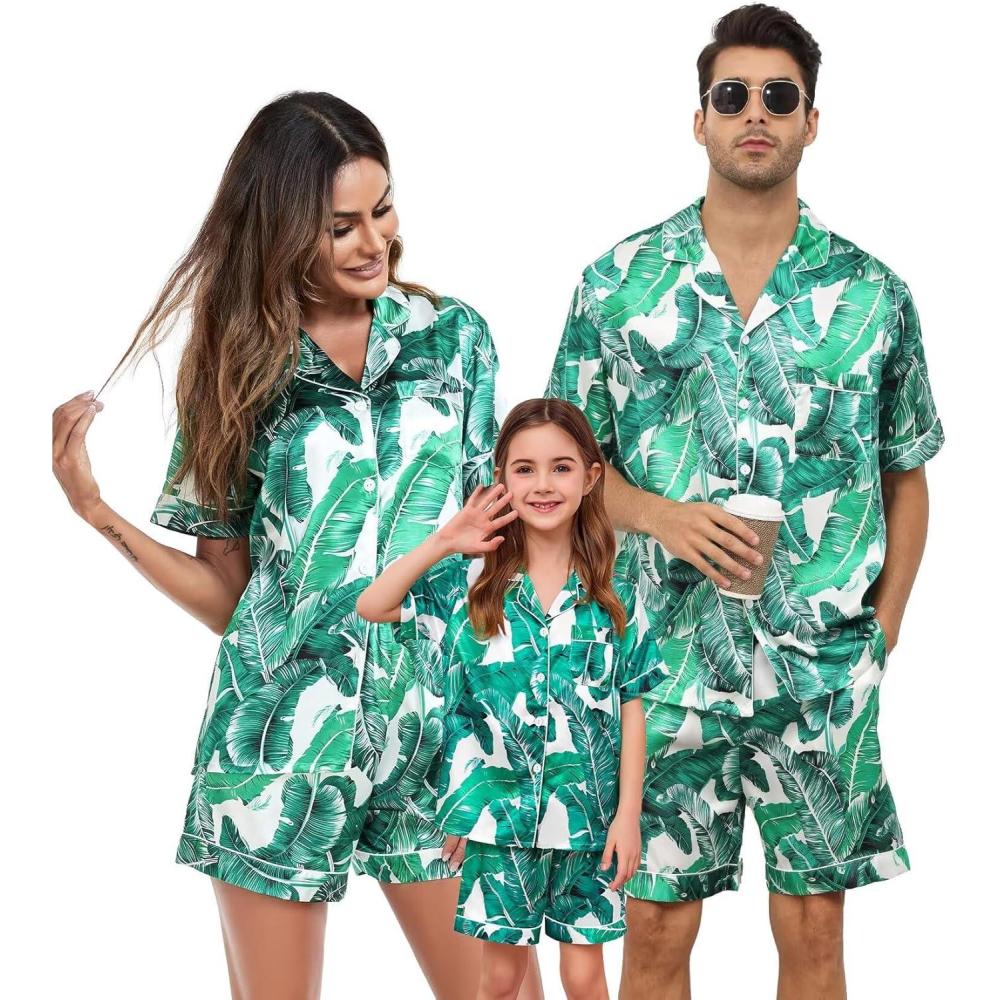 imageSWOMOG Couple Matching Pajamas Sets Women amp Men Button Down Silk Pjs Men Short Sleeve Soft Lounge Sets 2 Pcs LoungewearWhite Leaves