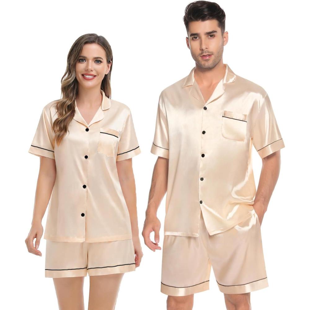 imageSWOMOG Couples Pajamas Women ampMen Silky Satin Sleepwear Short Sleeve Button Down Pj Set LoungewearChampagne