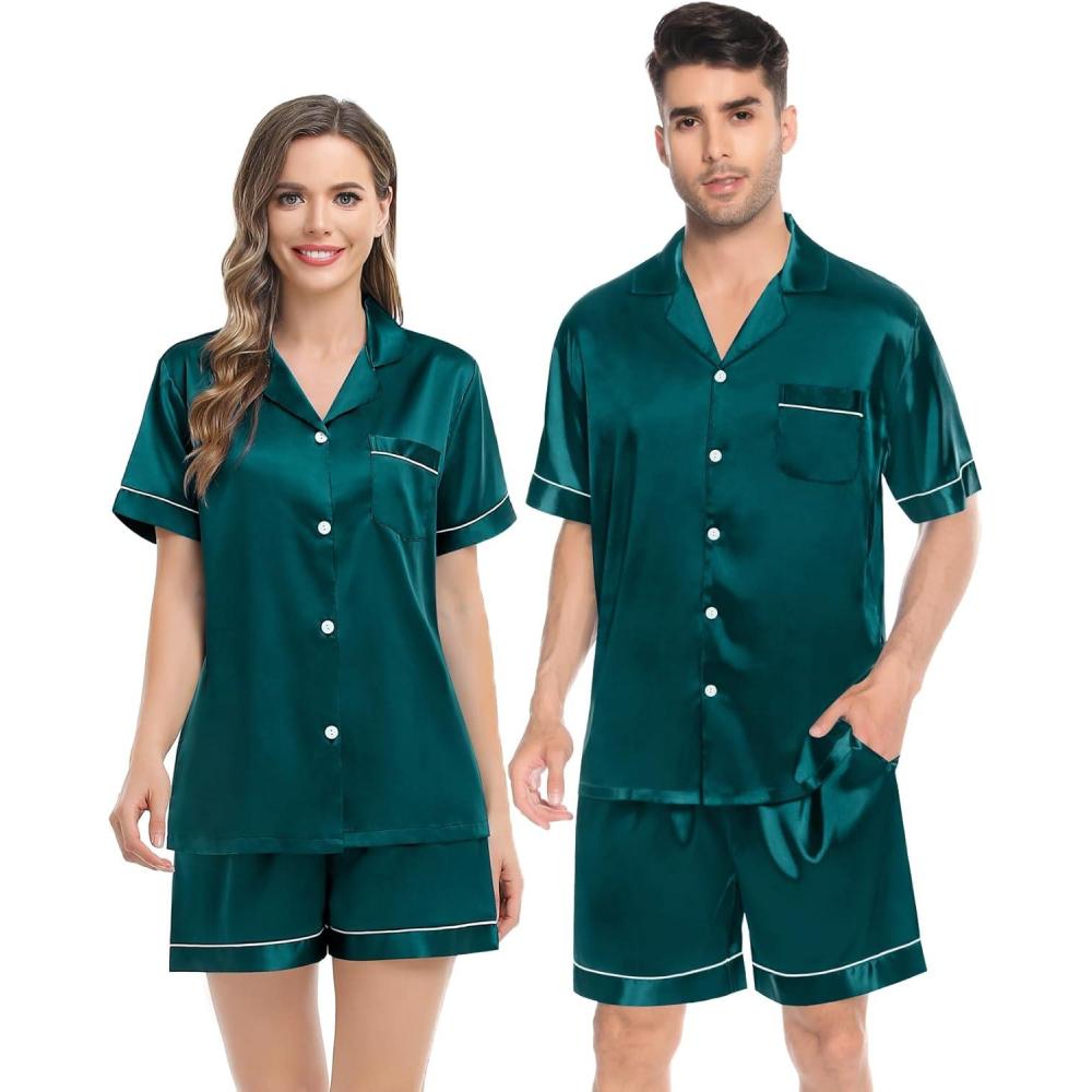 imageSWOMOG Couples Pajamas Women ampMen Silky Satin Sleepwear Short Sleeve Button Down Pj Set LoungewearGreen