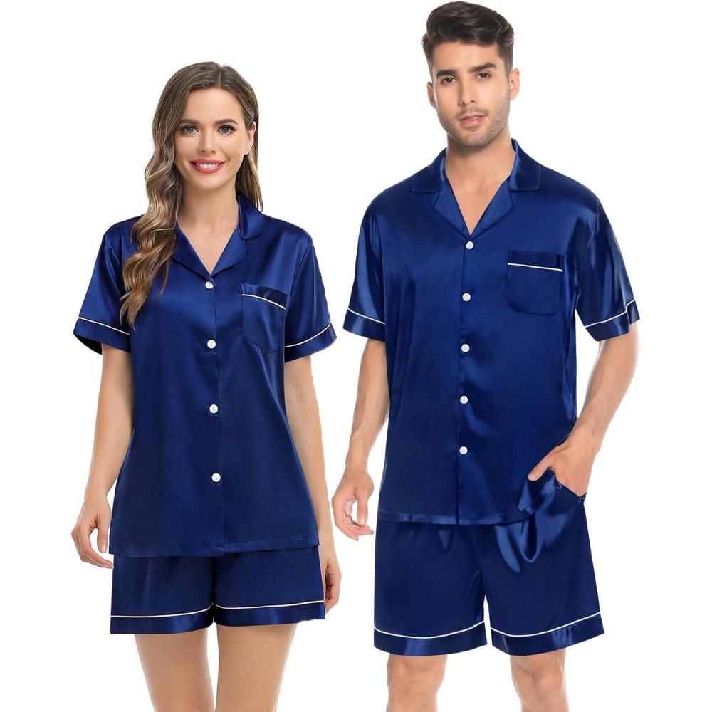 imageSWOMOG Couples Pajamas Women ampMen Silky Satin Sleepwear Short Sleeve Button Down Pj Set LoungewearNavy Blue