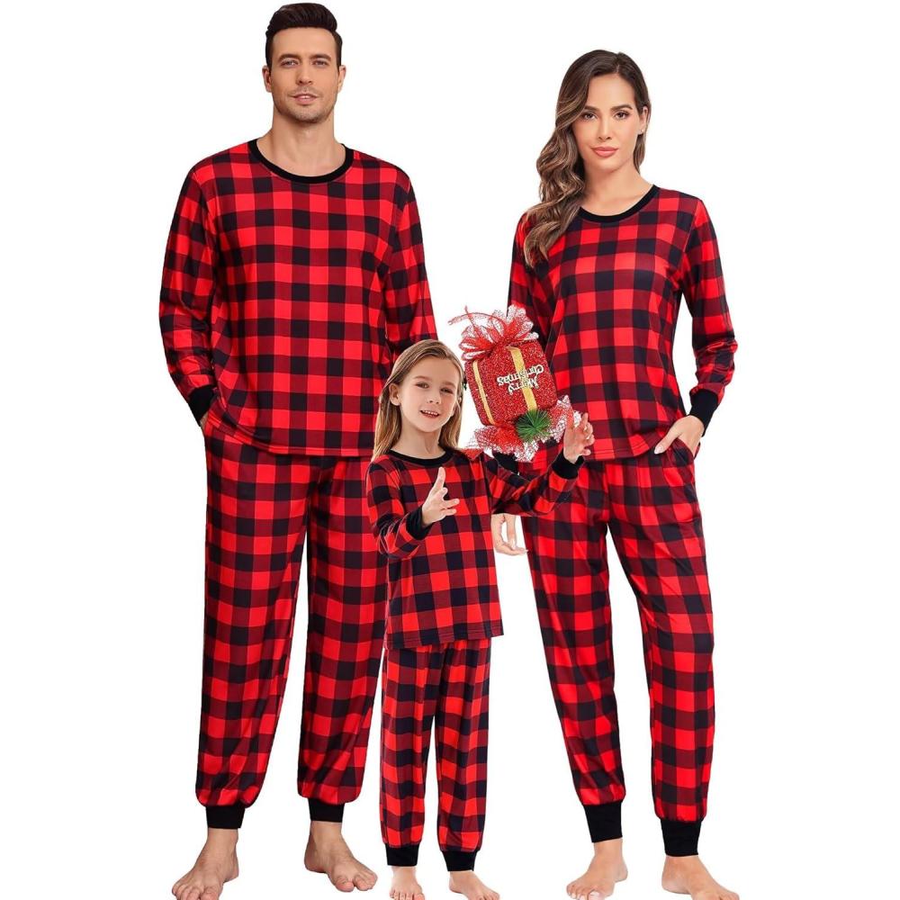 imageSWOMOG Family Matching Christmas Pajama Sets UltraSoft PJs Sets Long Sleeve Pull Over SleepwearPull Over Red Plaid