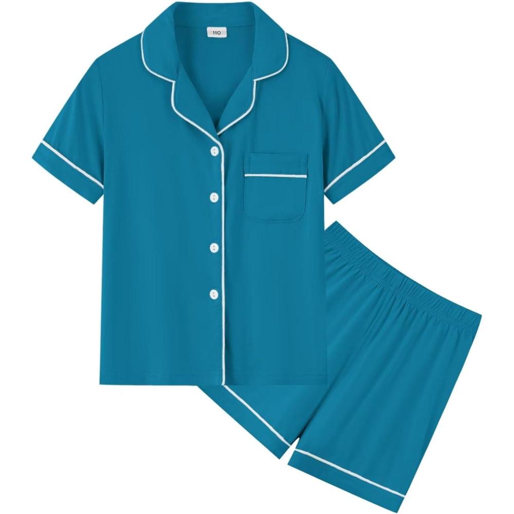 imageSWOMOG Kids Modal PJs Short Sleeve ButtonDown Pajamas TwoPiece Lounge Sets Soft Sleepwear Peacock Blue Size 67