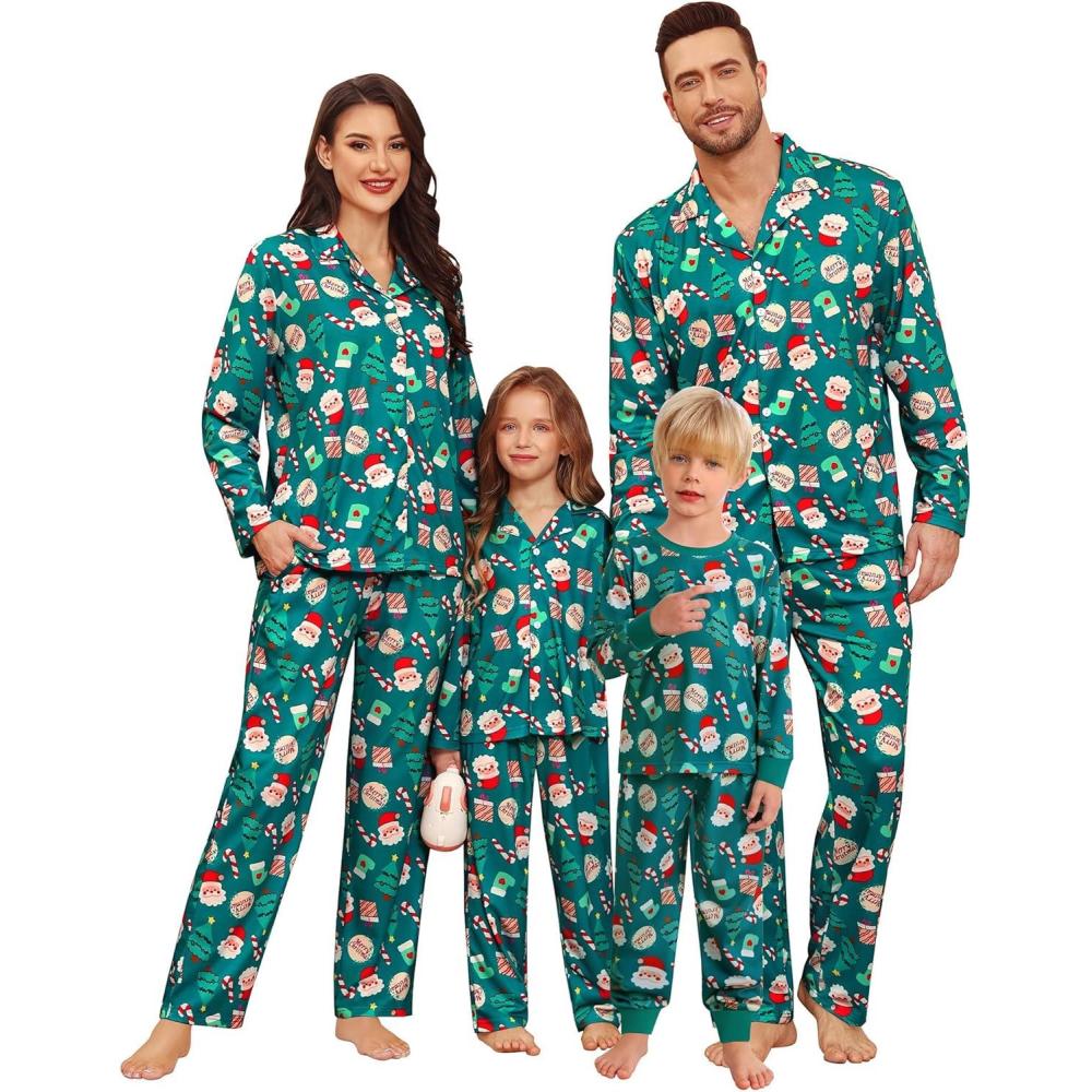 imageSWOMOG Matching Family Christmas Pajamas Set Long Sleeve Festival Party Pj Set ButtonDown Sleepwear Soft NightwearGreen Christmas